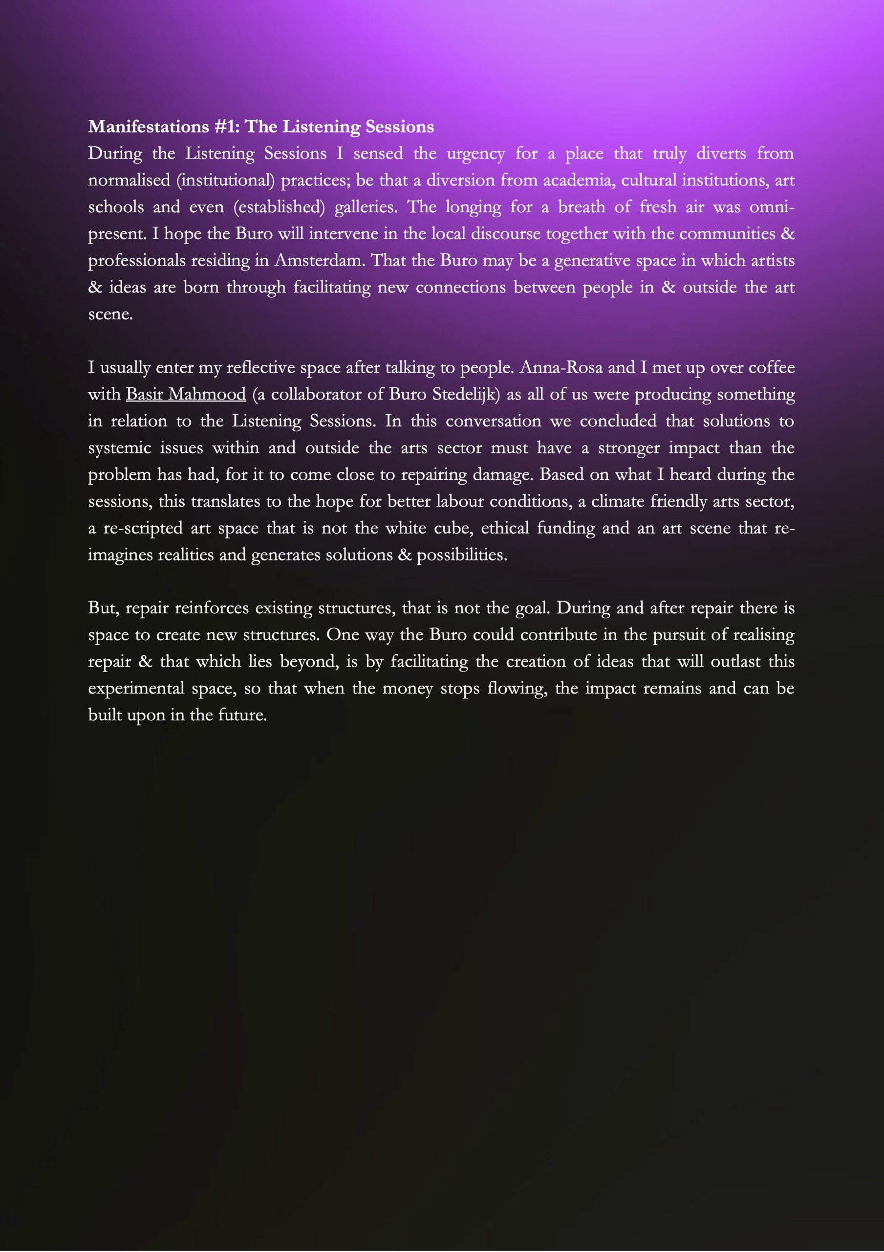 From listening to reflecting: thoughts on the Manifestation #1 Listening Sessions